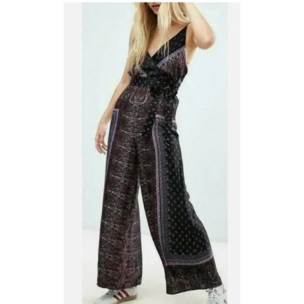 Free People Cabbage Rose‎ Silky Satin Jumpsuit 2 Wrap Top Wide Leg Boho Paisley